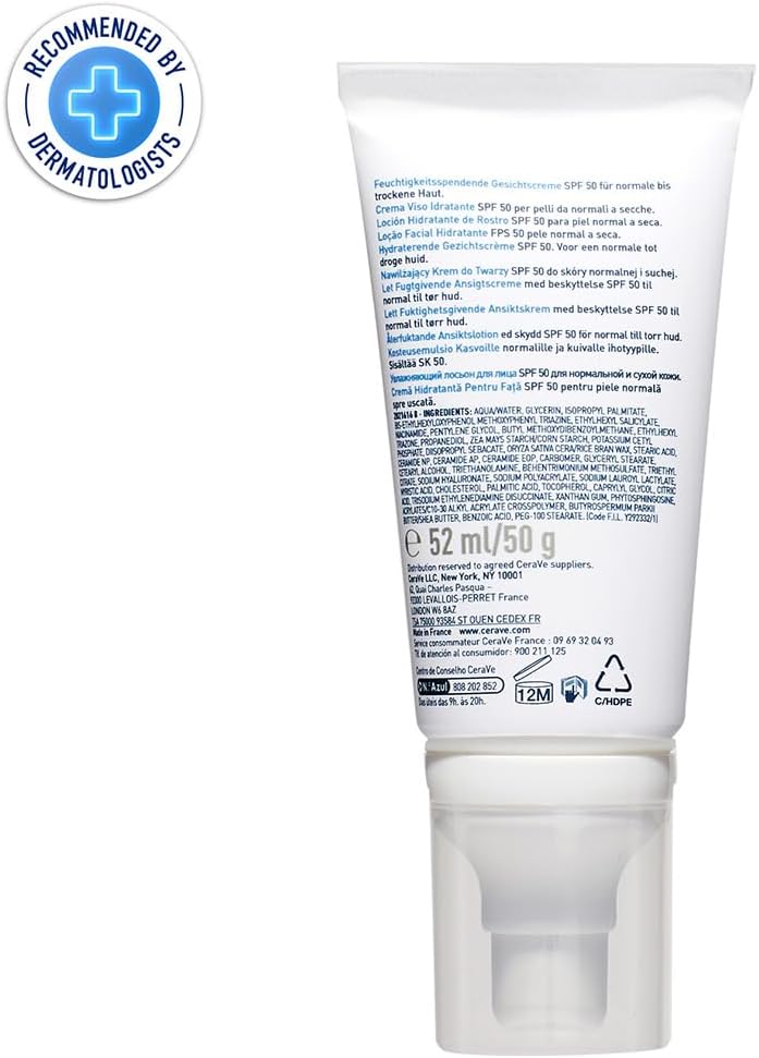 CeraVe Fuktkräm för ansiktet med SPF 50, kräm för torr till mycket torr hud, dagkräm med hyaluron och 3 essentiella ceramider, 1 x 52 ml