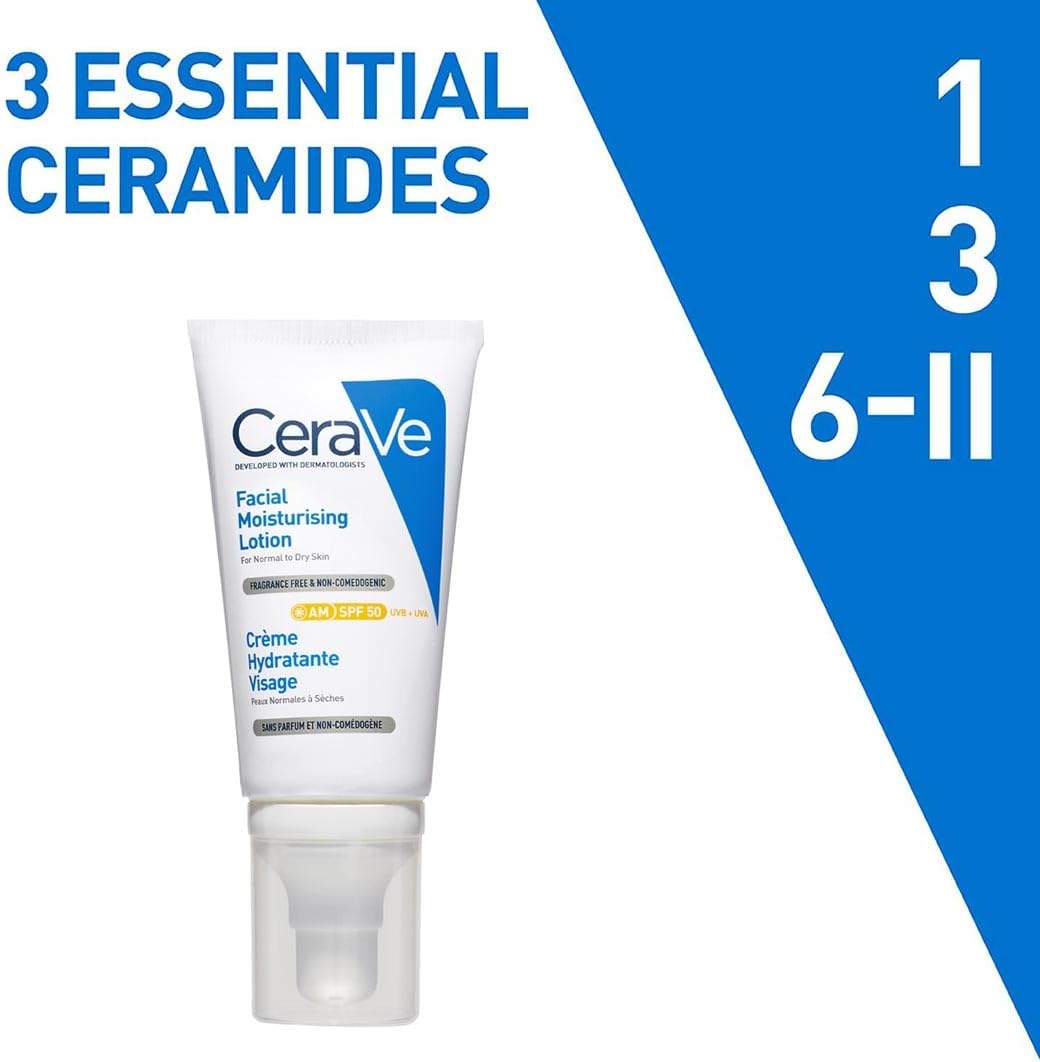 CeraVe Fuktkräm för ansiktet med SPF 50, kräm för torr till mycket torr hud, dagkräm med hyaluron och 3 essentiella ceramider, 1 x 52 ml