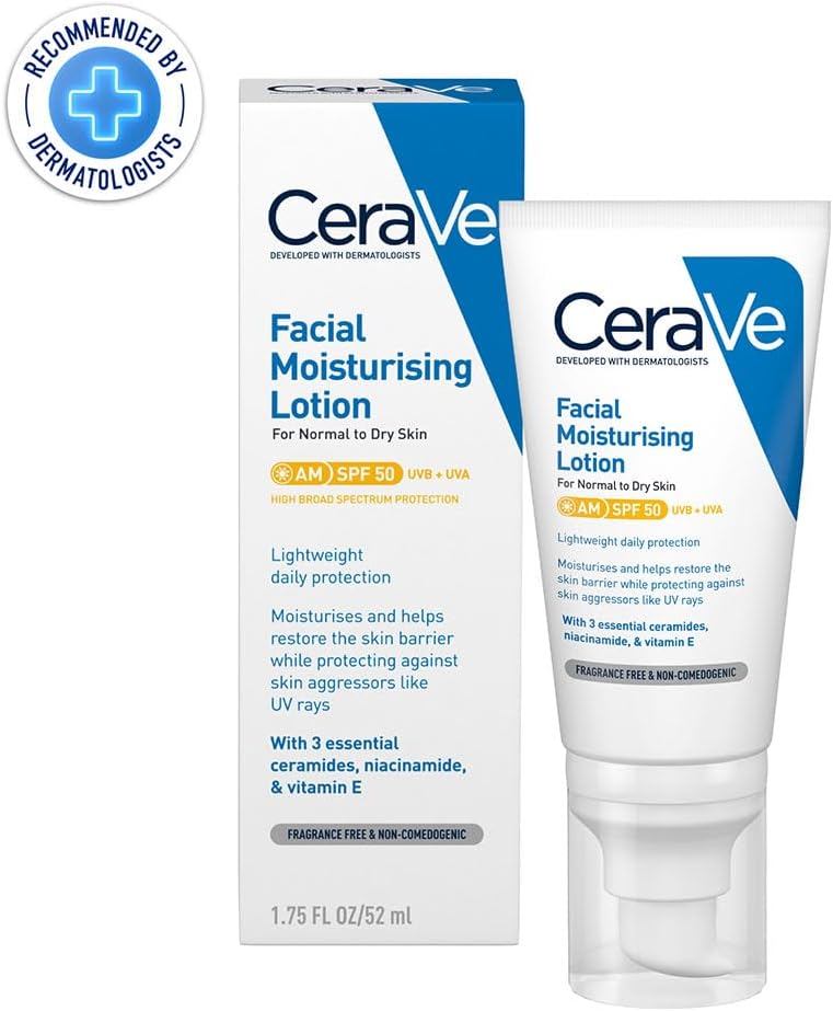 CeraVe Fuktkräm för ansiktet med SPF 50, kräm för torr till mycket torr hud, dagkräm med hyaluron och 3 essentiella ceramider, 1 x 52 ml