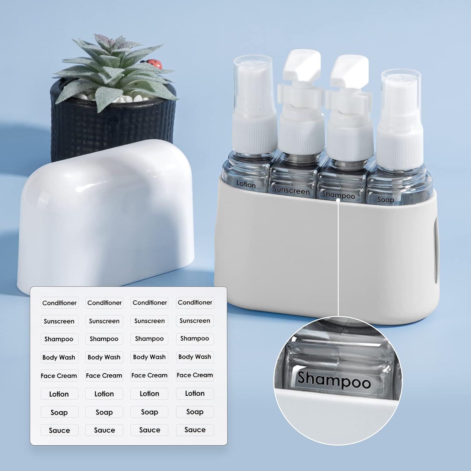 Madenia Reseflaskor, set för toalettartiklar, reseflaska 50 ml, transparent, 4 delar, läckagesäkra vätskebehållare för kosmetika med etikett