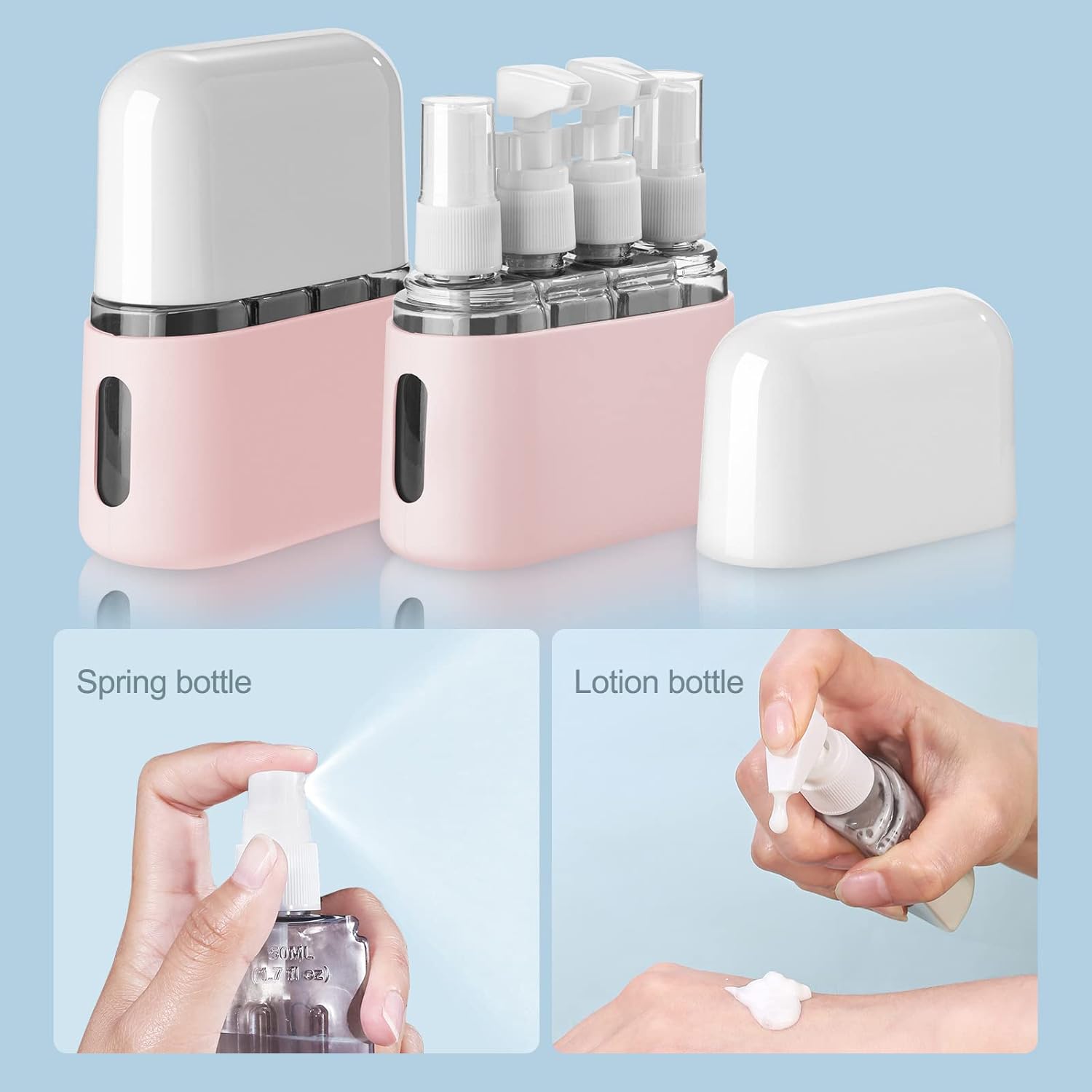 Madenia Reseflaskor, set för toalettartiklar, reseflaska 50 ml, transparent, 4 delar, läckagesäkra vätskebehållare för kosmetika med etikett