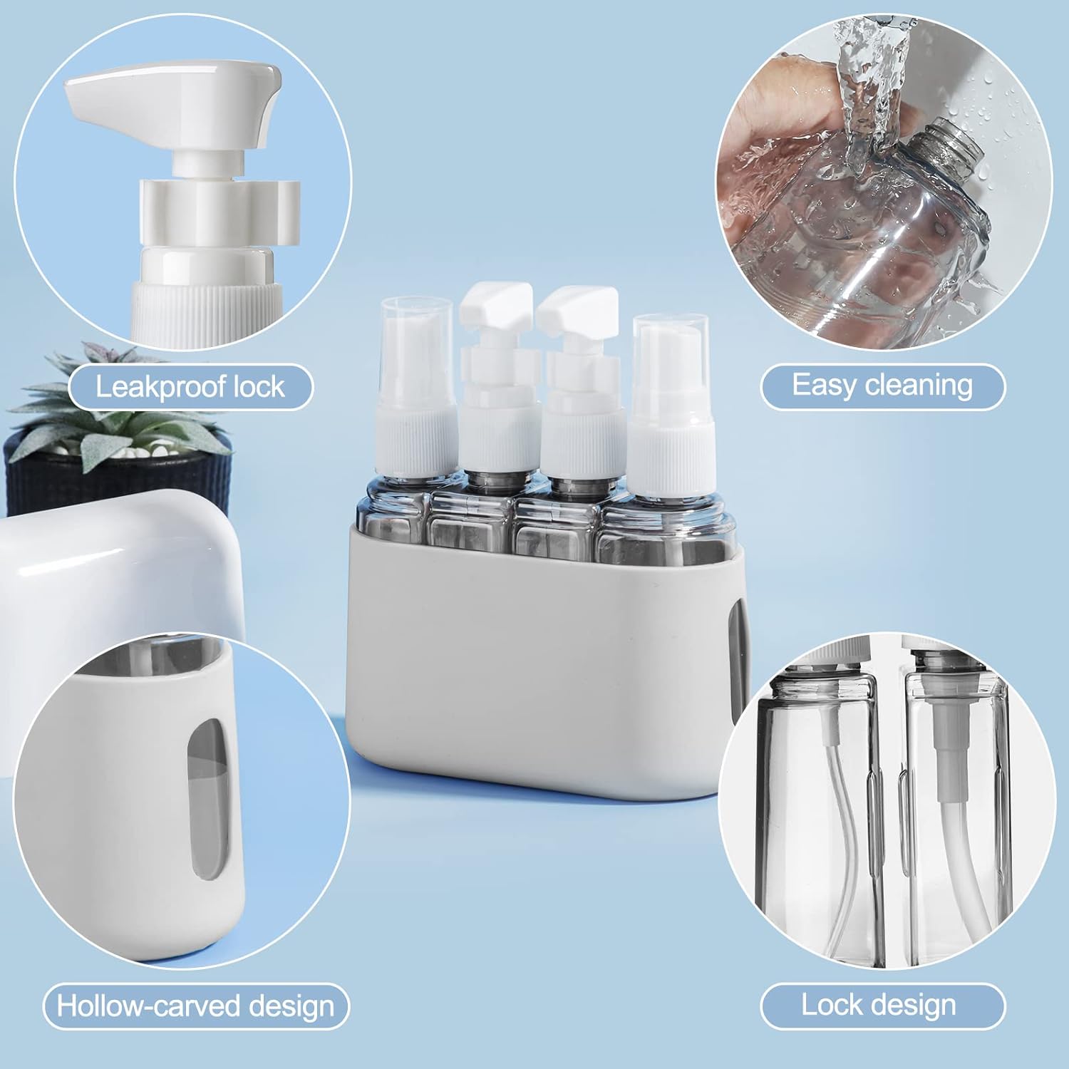 Madenia Reseflaskor, set för toalettartiklar, reseflaska 50 ml, transparent, 4 delar, läckagesäkra vätskebehållare för kosmetika med etikett