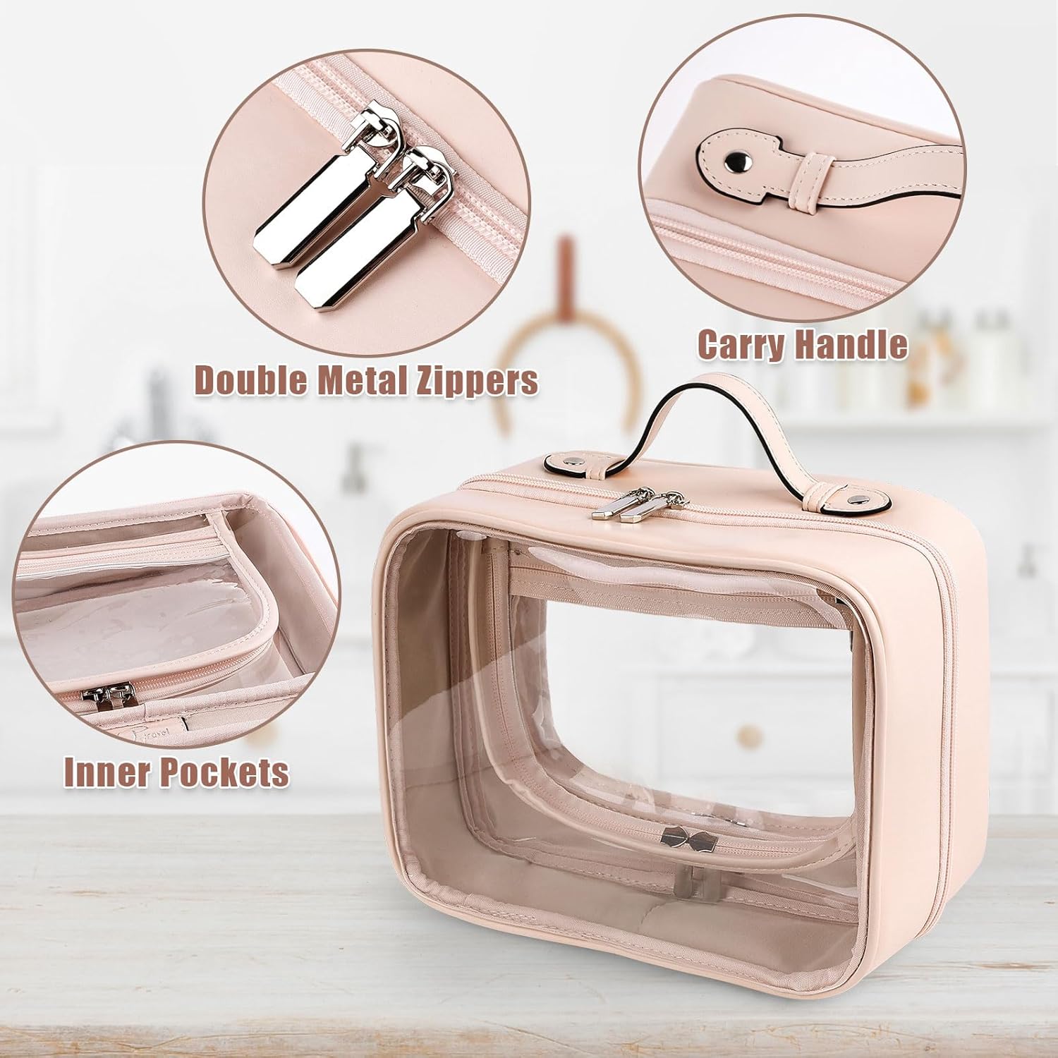 Lychii TSA-godkänd toalettväska, klar resväska för vätskor, toalettartiklar, kosmetikaväska, organisatör, resetillbehör för handbagage, nödvändigheter, Rosa, L