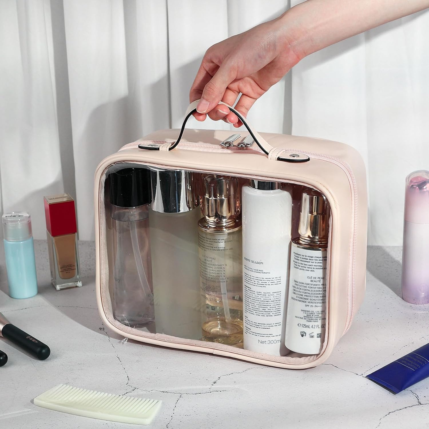 Lychii TSA-godkänd toalettväska, klar resväska för vätskor, toalettartiklar, kosmetikaväska, organisatör, resetillbehör för handbagage, nödvändigheter, Rosa, L