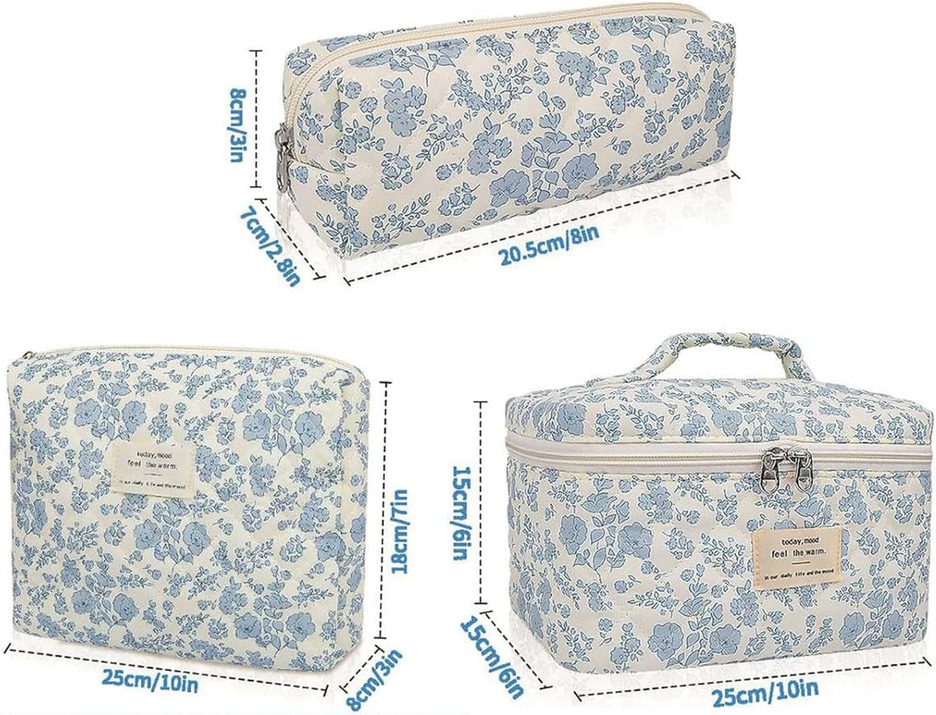 Floral Makeup Bag for Women, 3X Cotton Quilted Cosmetic Set, Flower Aesthetic Toiletry Organizer, (Small, Medium, Large) Travel Bag Women, Teens, Girls, Stylish Storage