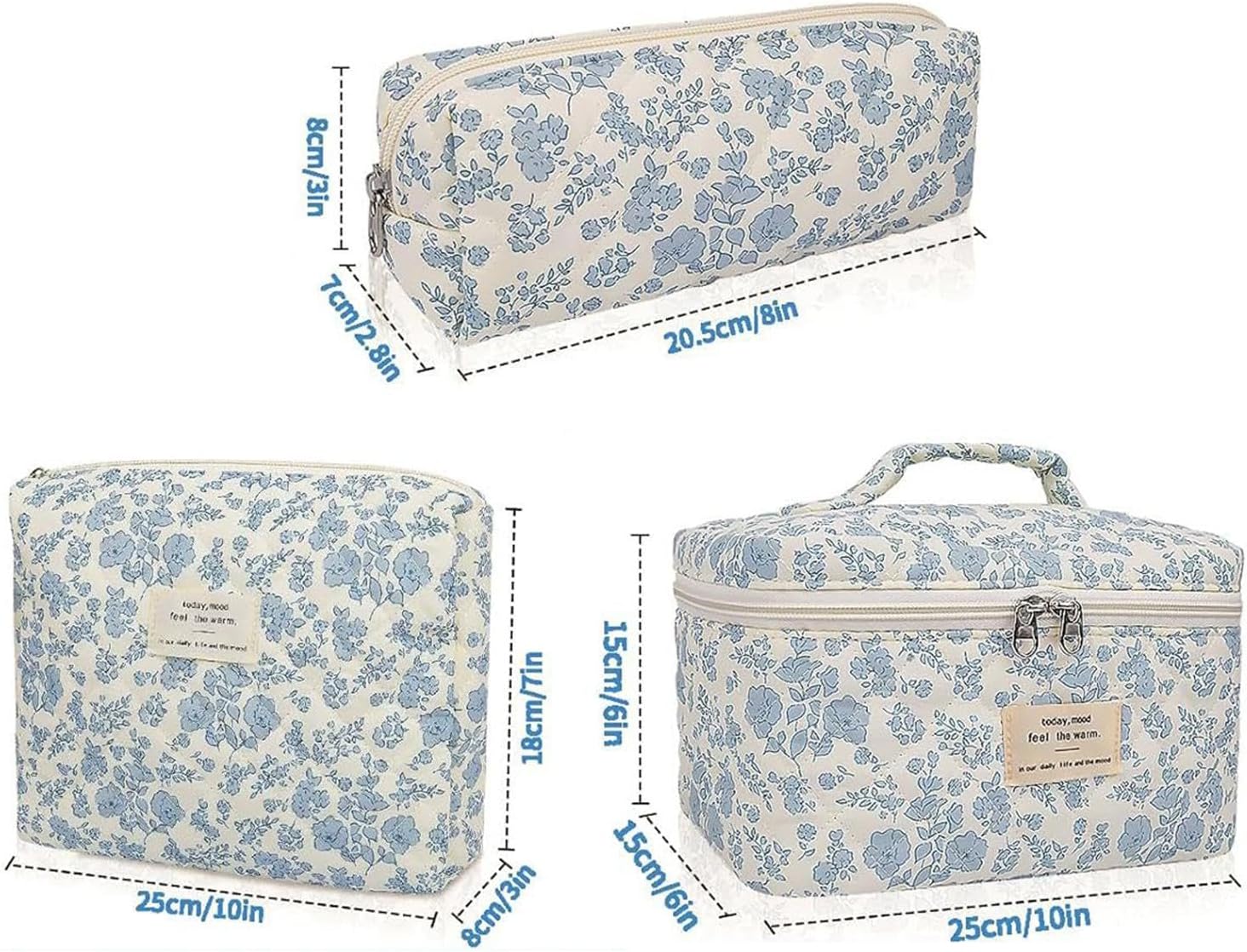 Floral Makeup Bag for Women, 3X Cotton Quilted Cosmetic Set, Flower Aesthetic Toiletry Organizer, (Small, Medium, Large) Travel Bag Women, Teens, Girls, Stylish Storage