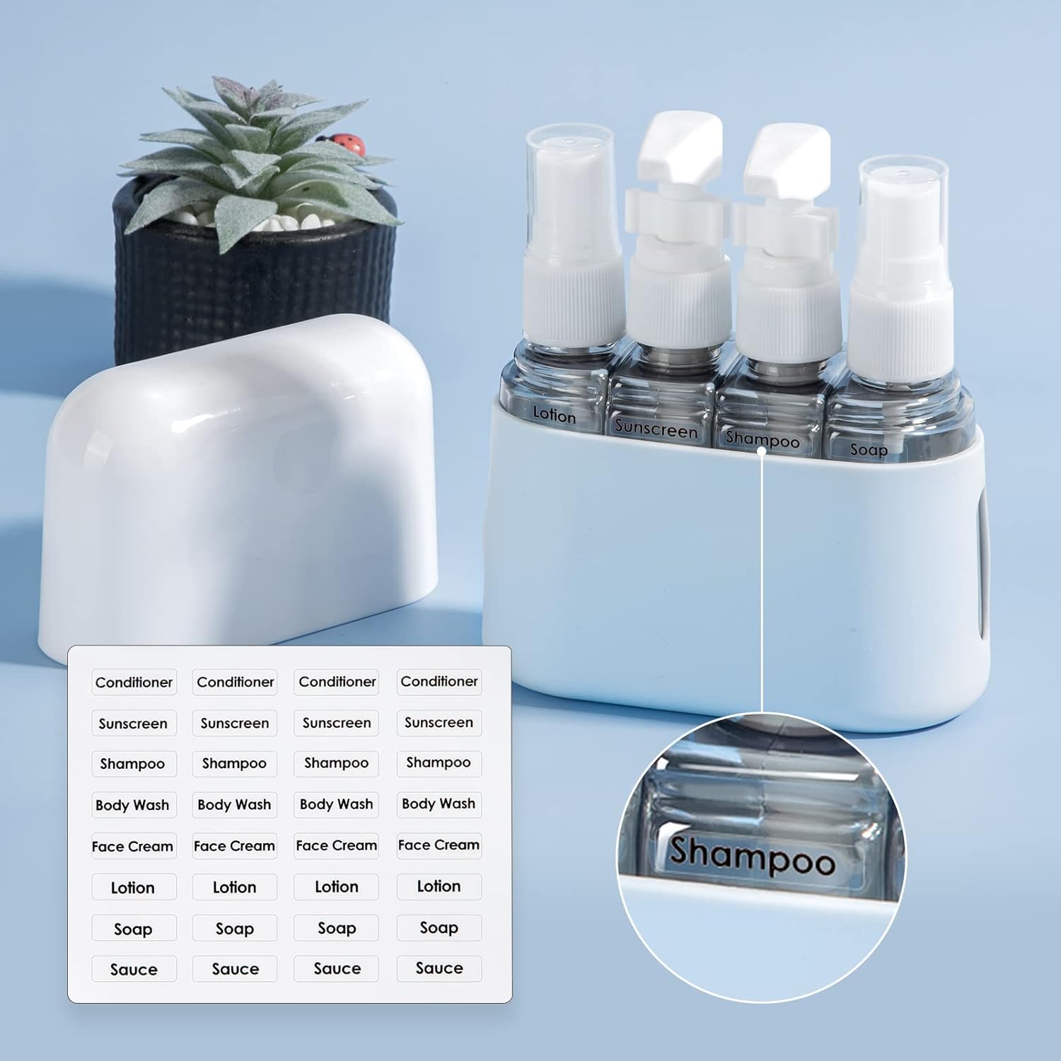Madenia Reseflaskor, set för toalettartiklar, reseflaska 50 ml, transparent, 4 delar, läckagesäkra vätskebehållare för kosmetika med etikett