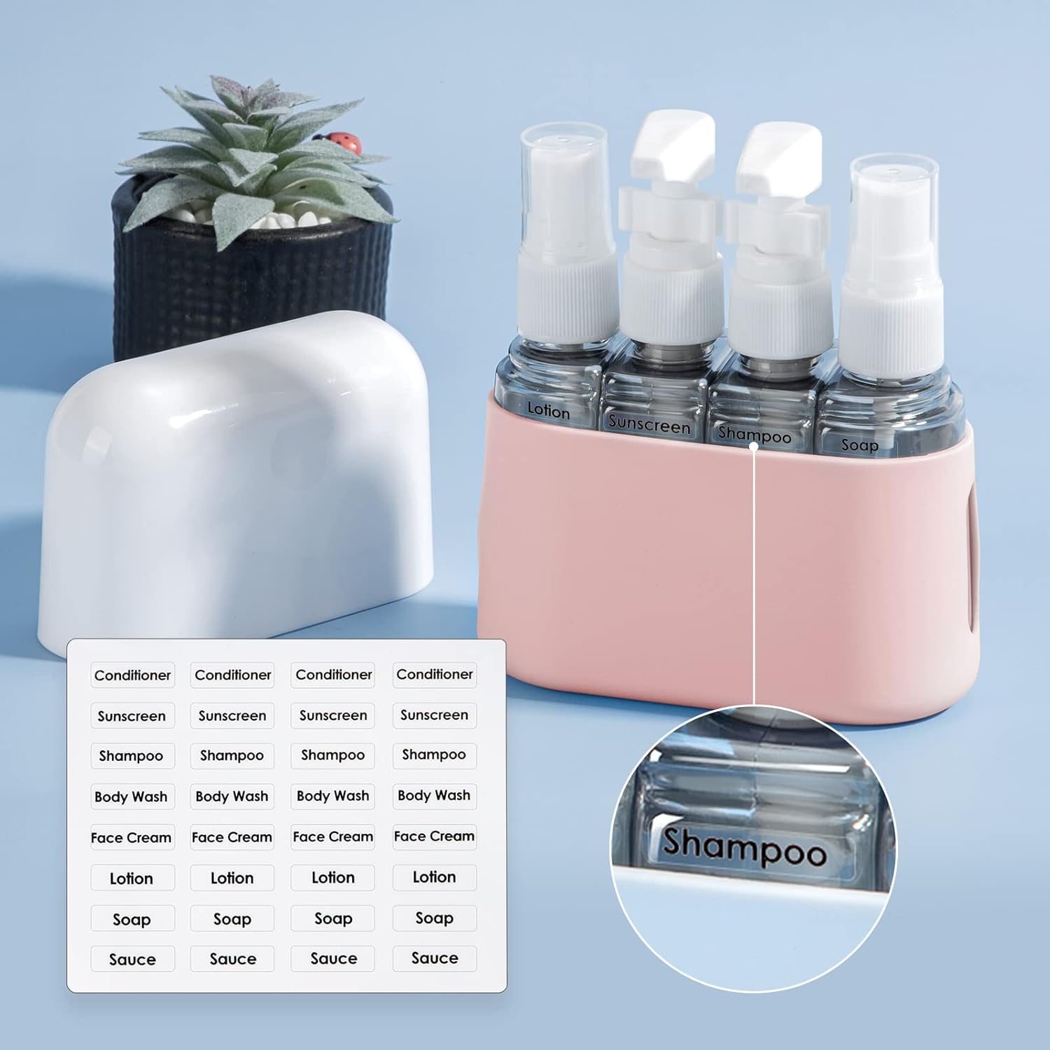 Madenia Reseflaskor, set för toalettartiklar, reseflaska 50 ml, transparent, 4 delar, läckagesäkra vätskebehållare för kosmetika med etikett