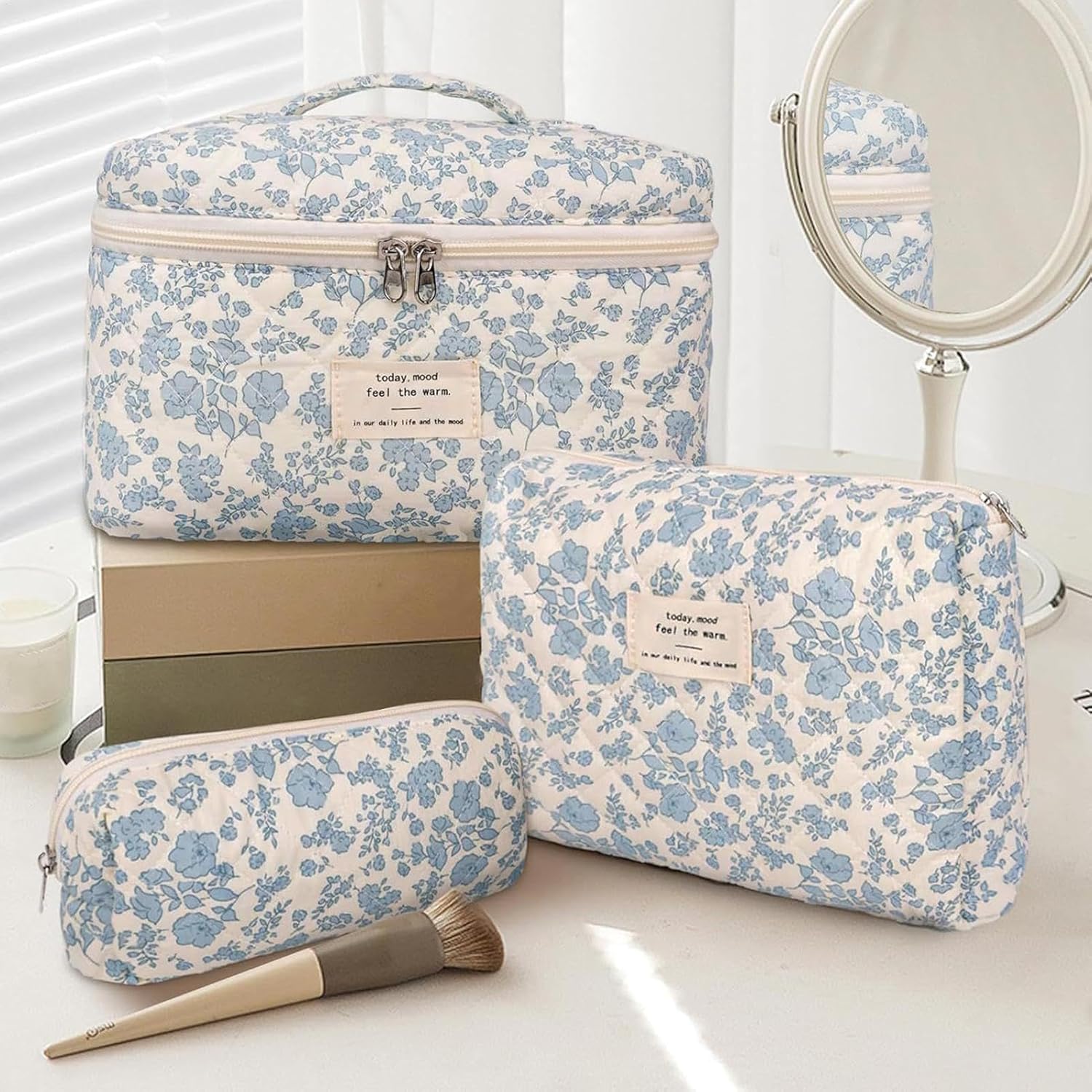 Floral Makeup Bag for Women, 3X Cotton Quilted Cosmetic Set, Flower Aesthetic Toiletry Organizer, (Small, Medium, Large) Travel Bag Women, Teens, Girls, Stylish Storage