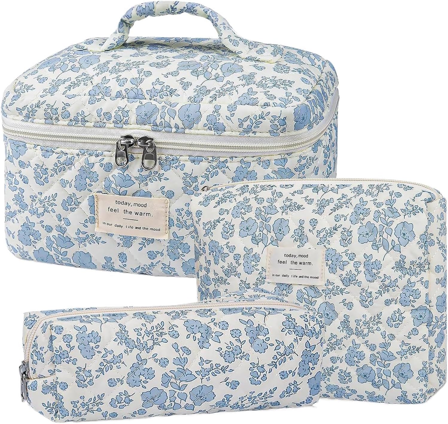 Floral Makeup Bag for Women, 3X Cotton Quilted Cosmetic Set, Flower Aesthetic Toiletry Organizer, (Small, Medium, Large) Travel Bag Women, Teens, Girls, Stylish Storage
