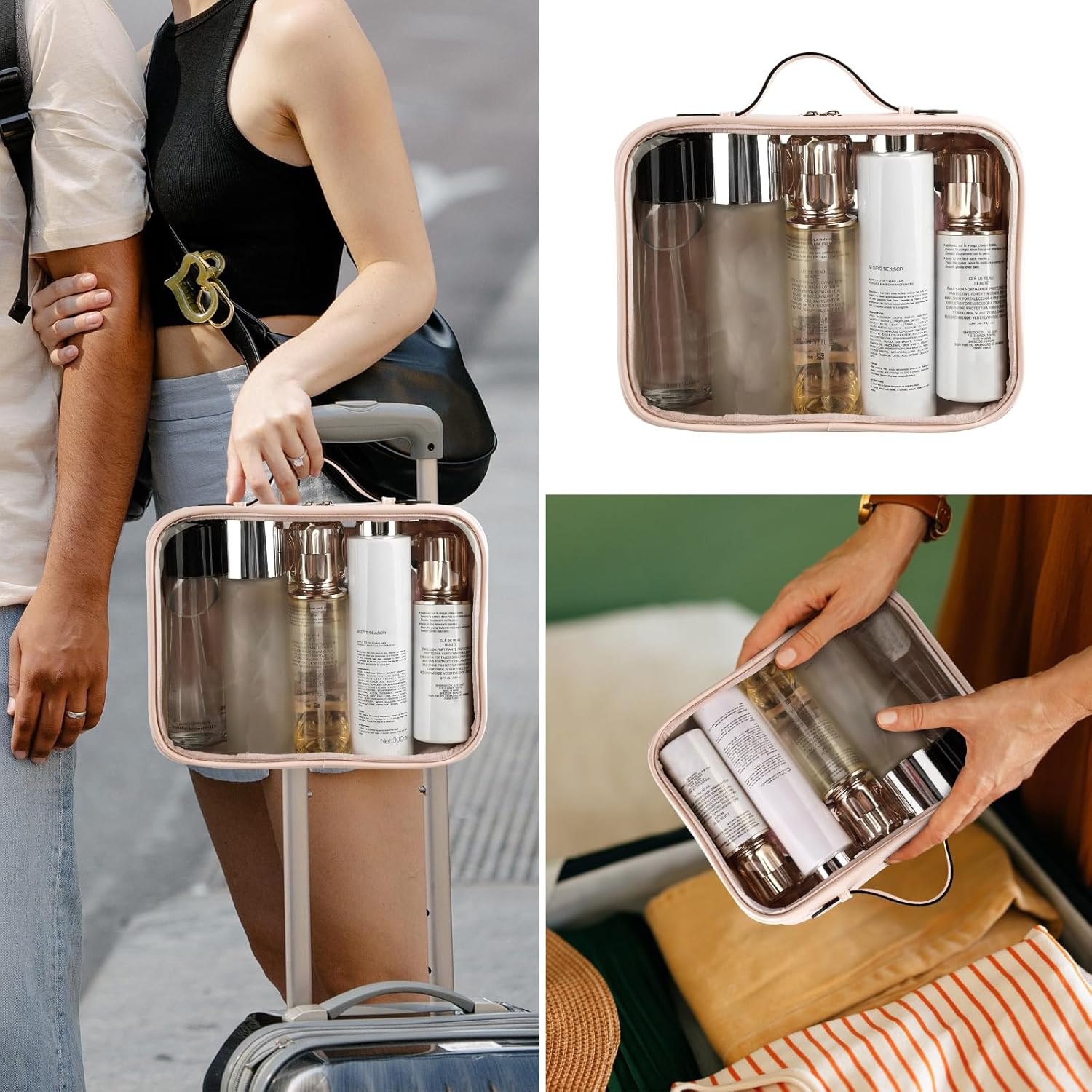 Lychii TSA-godkänd toalettväska, klar resväska för vätskor, toalettartiklar, kosmetikaväska, organisatör, resetillbehör för handbagage, nödvändigheter, Rosa, L