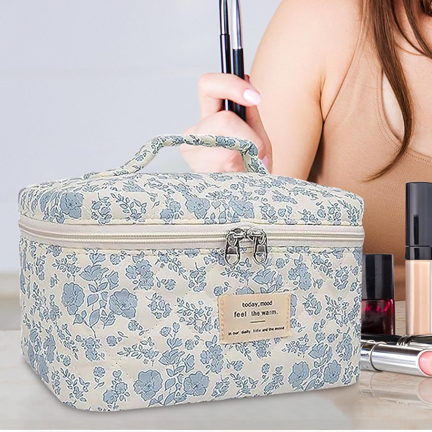 Floral Makeup Bag for Women, 3X Cotton Quilted Cosmetic Set, Flower Aesthetic Toiletry Organizer, (Small, Medium, Large) Travel Bag Women, Teens, Girls, Stylish Storage