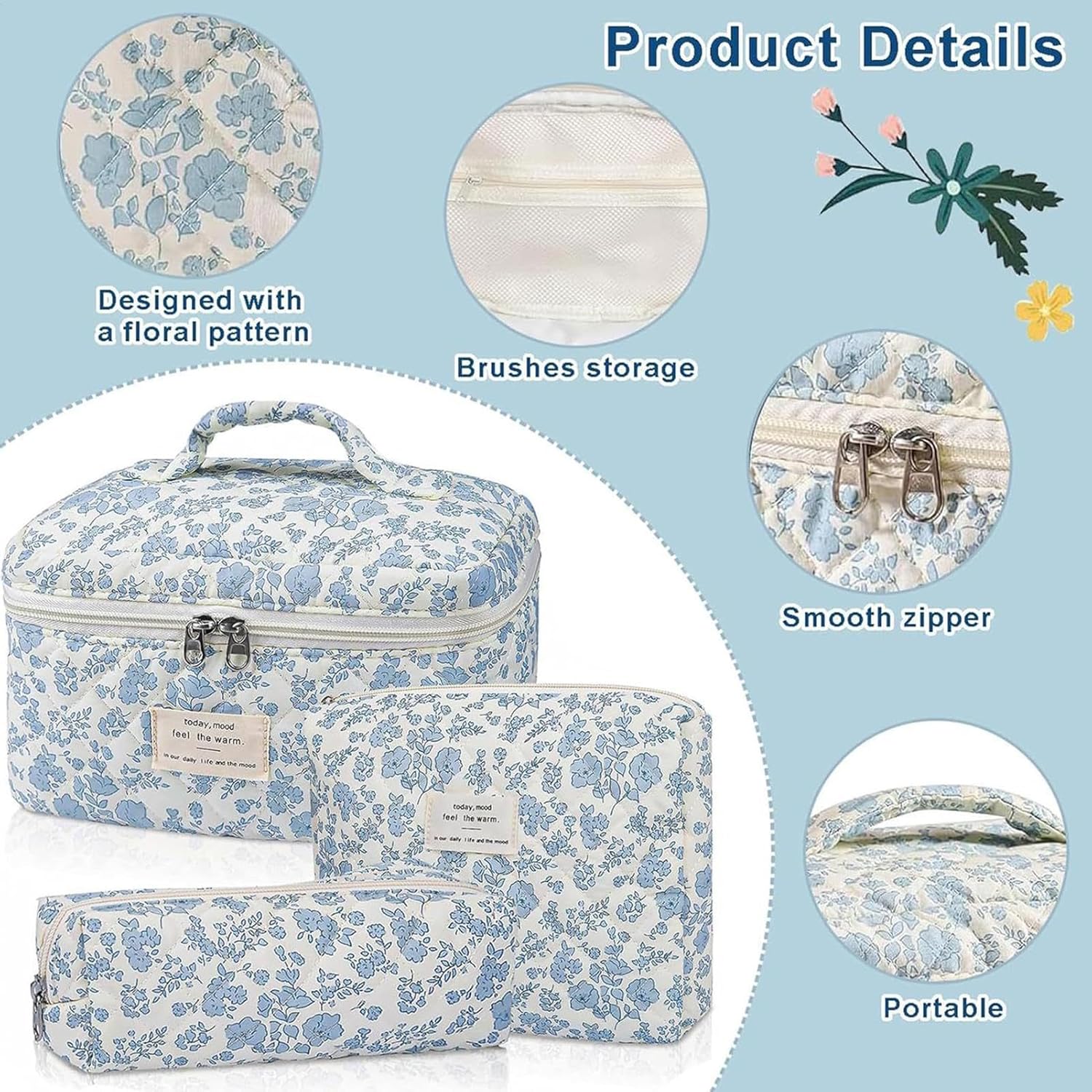 Floral Makeup Bag for Women, 3X Cotton Quilted Cosmetic Set, Flower Aesthetic Toiletry Organizer, (Small, Medium, Large) Travel Bag Women, Teens, Girls, Stylish Storage