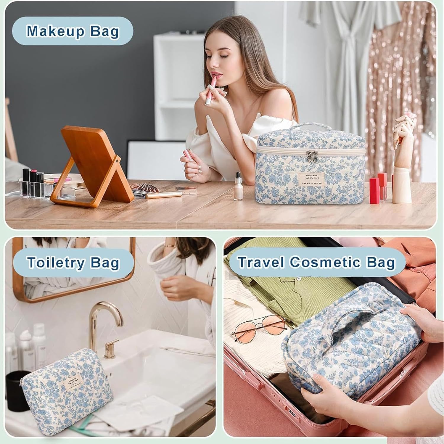 Floral Makeup Bag for Women, 3X Cotton Quilted Cosmetic Set, Flower Aesthetic Toiletry Organizer, (Small, Medium, Large) Travel Bag Women, Teens, Girls, Stylish Storage