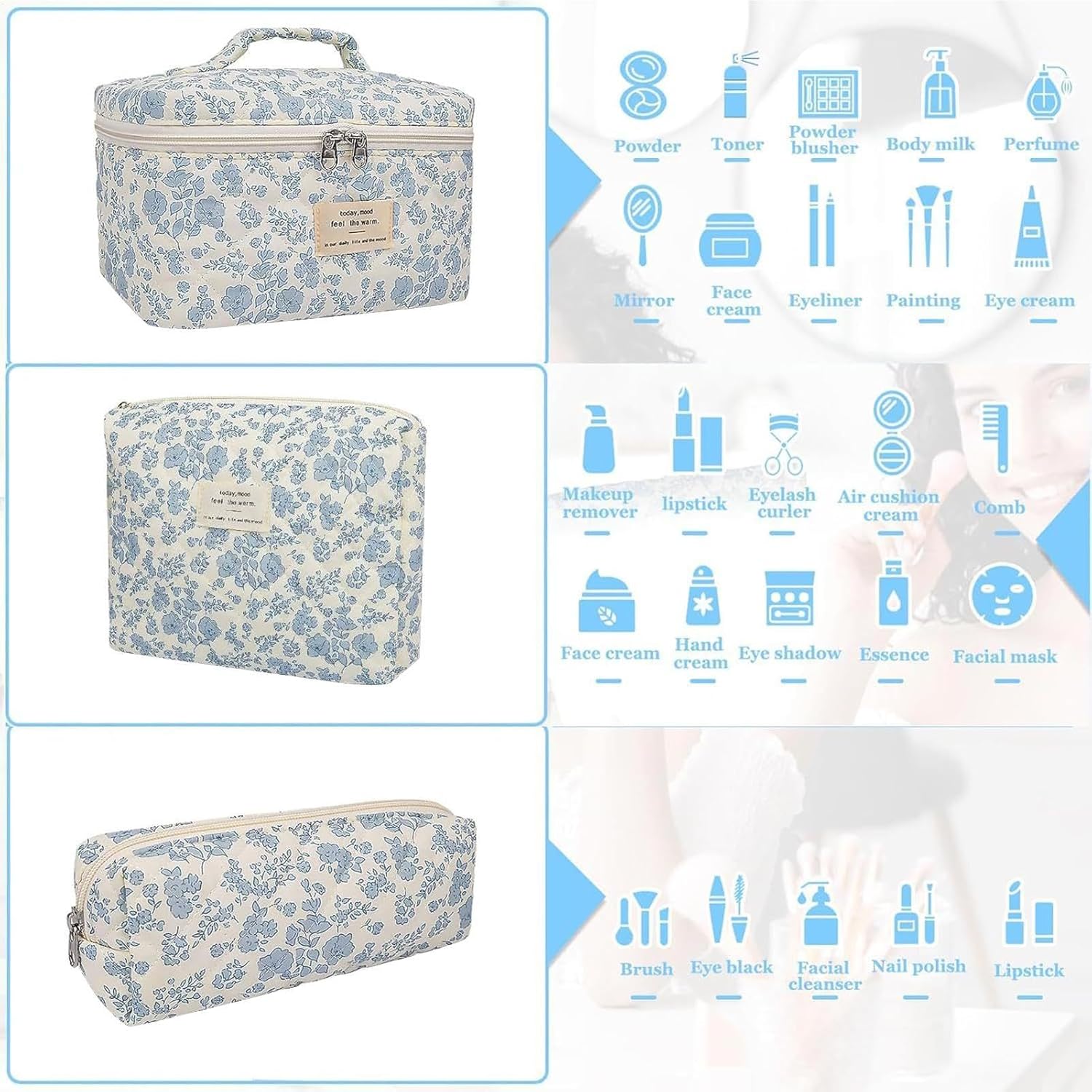 Floral Makeup Bag for Women, 3X Cotton Quilted Cosmetic Set, Flower Aesthetic Toiletry Organizer, (Small, Medium, Large) Travel Bag Women, Teens, Girls, Stylish Storage